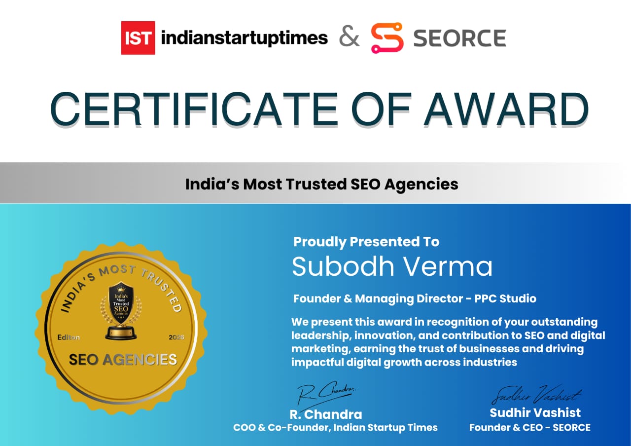 Certificate of award recognizing PPC Studio among India's most trusted SEO agencies
